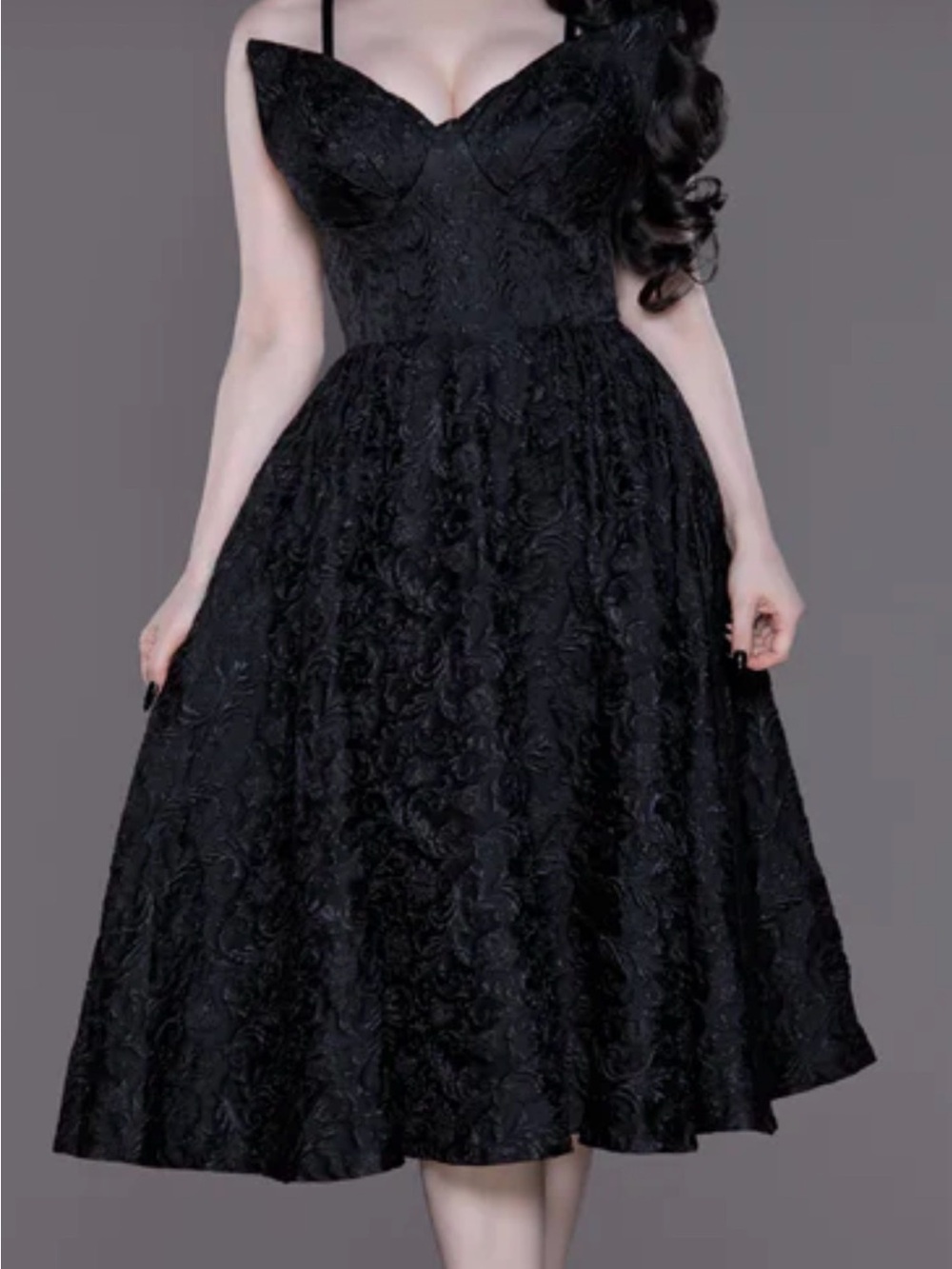 Dragon Damask Swing Dress Black Brocade with Sculpted Bust